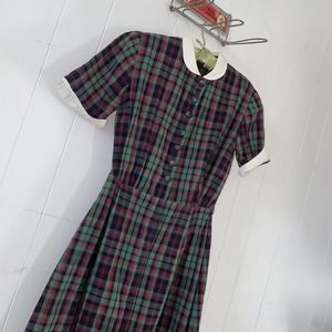 Vintage 1930s 1940s Teens’ Plaid Cotton Peter Pan Collar Frock Dress